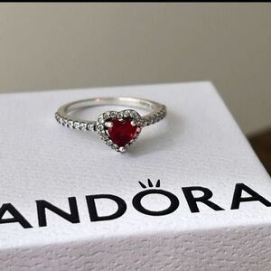 Pandora Red and Silver Heart Ring with Pavé Setting
